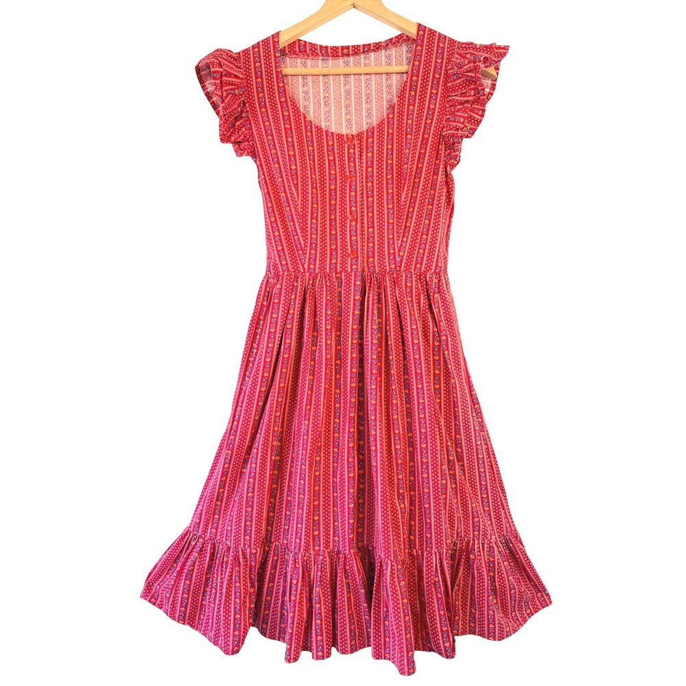 Vtg 70s Red Floral Stripe Flutter Sleeve Prairie Midi Dress Pocket 4 Cottagecore